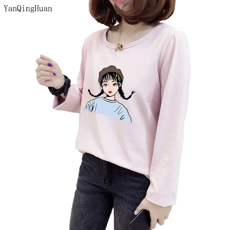 Осенняя свободная футболка с длинным рукавом и мультяшным принтом в стиле