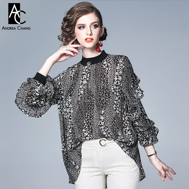S-XXL spring summer woman blouse shirt beading collar brooch white flower pattern print black loose plus size |