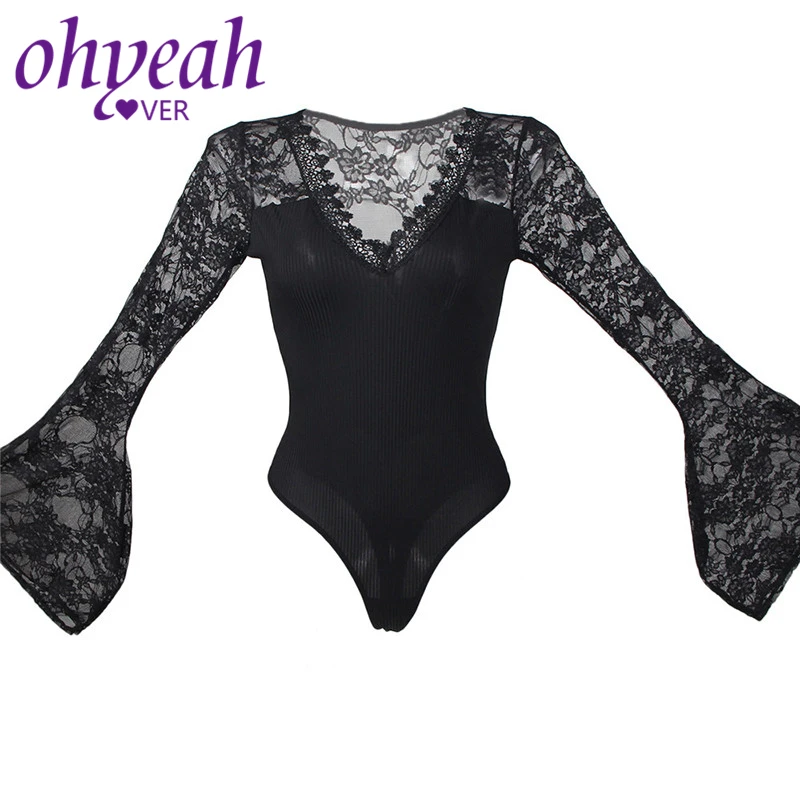 Ohyeahlover женские боди пикантные спортивные костюмы, комбинезоны Barboteuse Femmes сексуальный RM80589 плюс размер черные ресницы кружева рожок рукав Тедди