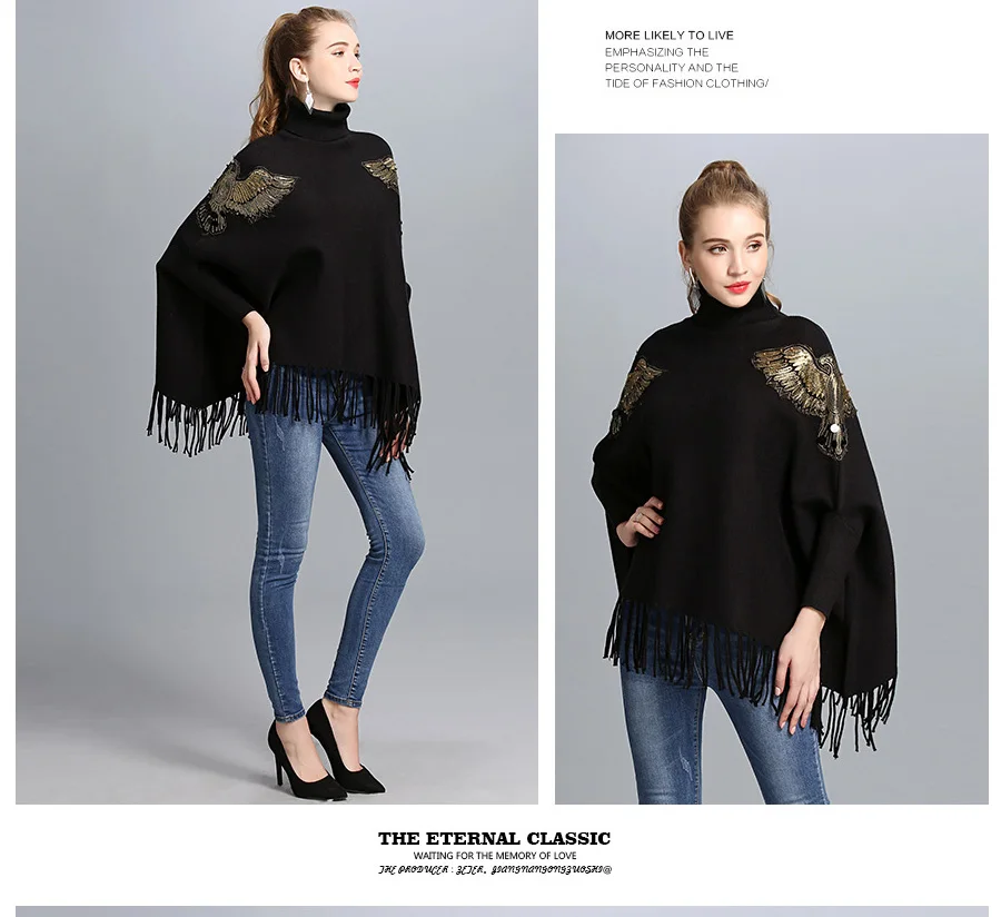 ZDFURS* Autumn Winter Long Knitted Women Eagle Appliqued Sweater Fashion Long Batwing Sleeves High Neck Stole Tassel Poncho