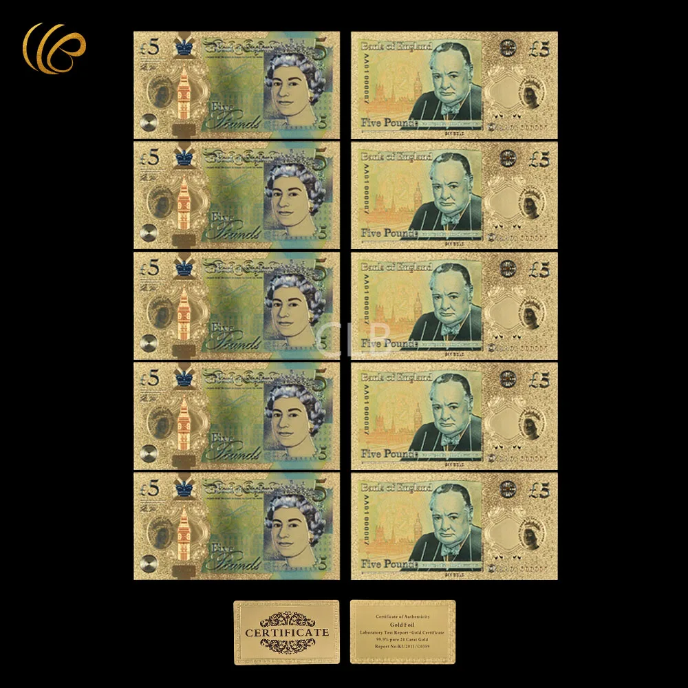 WR Позолоченные фунты 5 фунт Золотая фольга банкноты красочные поддельные
