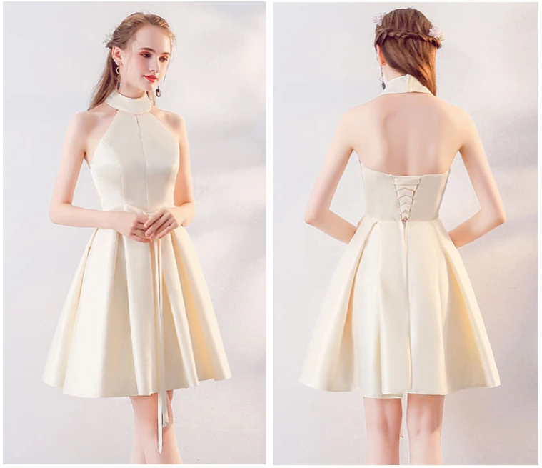 Женское короткое вечернее платье элегантное цвета шампанского с лямкой на шее