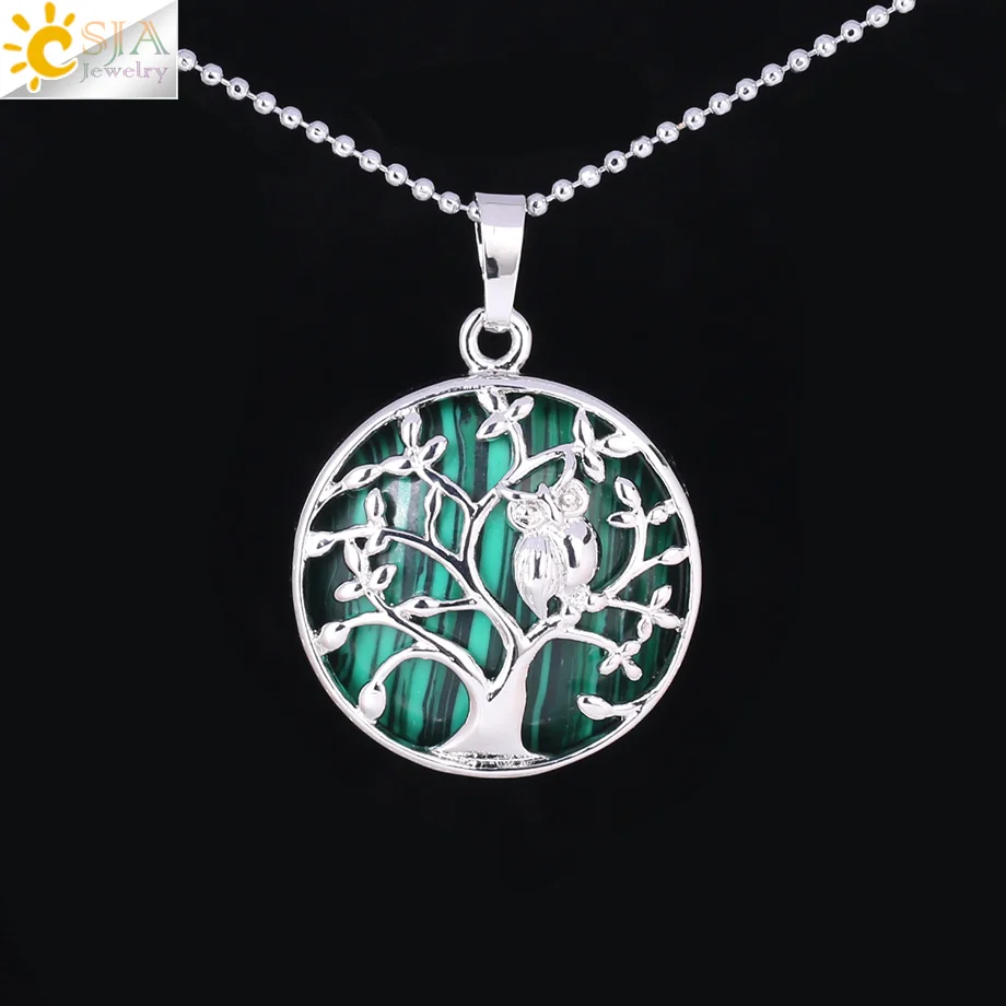 Malachite CSJA, ювелирные изделия из натурального камня, ожерелье с кулоном, птица, сова на Древе жизни, Женское Ожерелье, s& Кулоны, трендовые ювелирные изделия для лета F343 - Окраска металла: Malachite