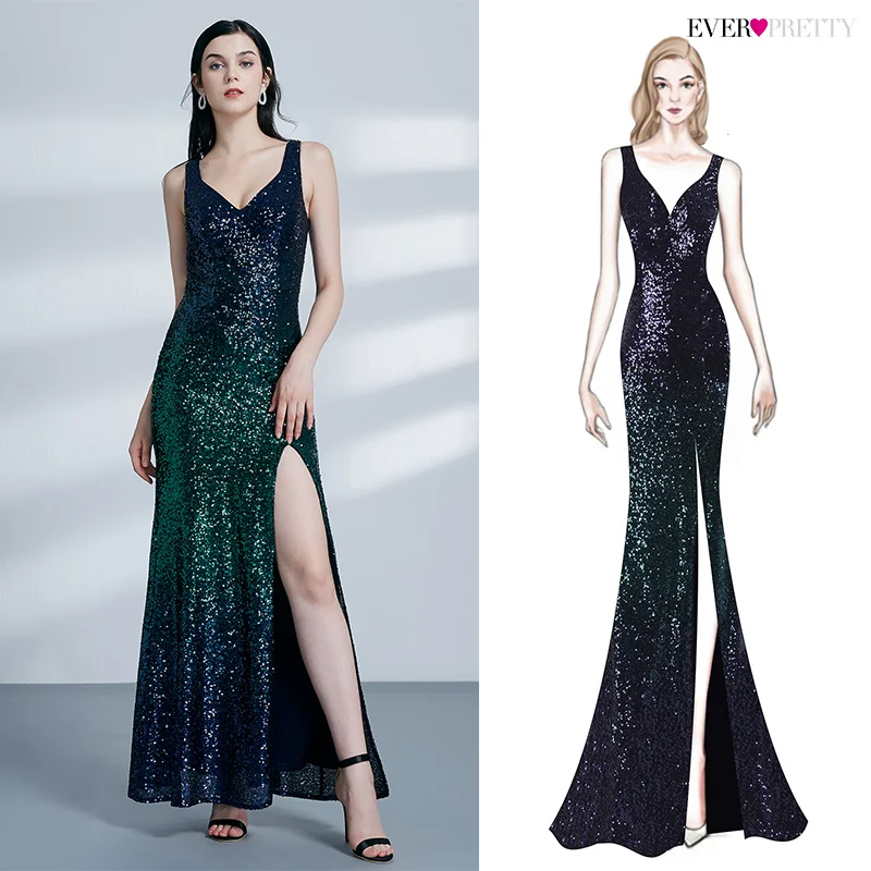 Ever Pretty Robe De Soiree Новые Сексуальные вечерние платья трапециевидной формы с v-образным вырезом на спине с блестками Длинные вечерние платья с высоким разрезом EP07345NB