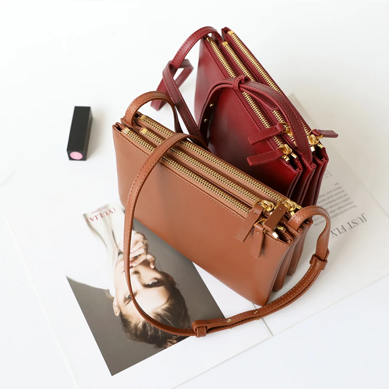 Новейшая Женская трехслойная сумка-мессенджер из натуральной кожи на молнии