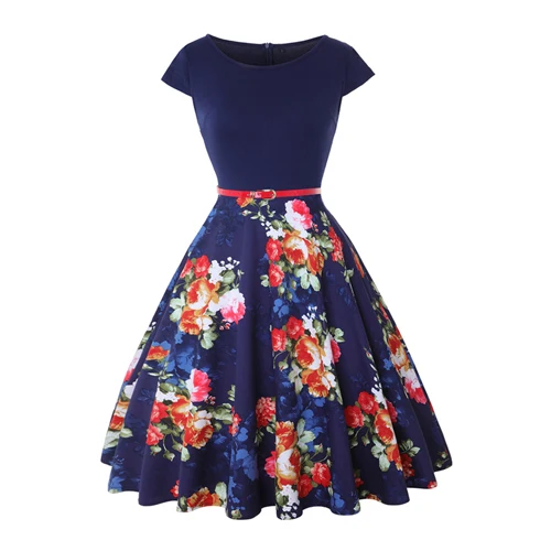 Navy Red MISSJOY 4XL Большой летнее платье размер платье винтажное элегантное платье с коротким рукавом лимонный цветочный принт модные платья мода ретро платье хлопок женские платья women dress - Цвет: Navy Red