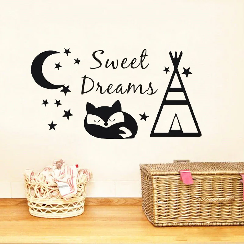 

Sweet Dreams Teepee And Fox Bedroom Wall Sticker For Kids Baby Vinyl Art Removable Design Poster Mural Cute Baby Room Decals W36