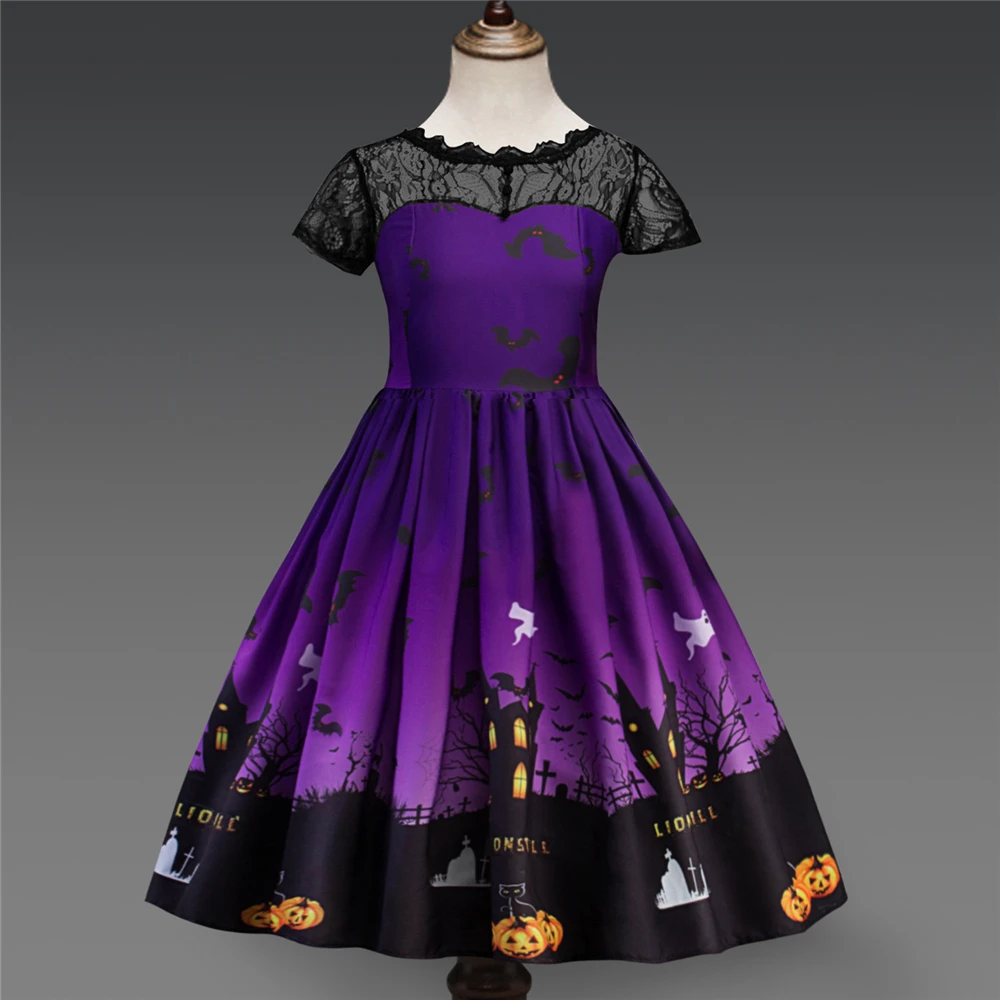 Boutique Halloween Witch Costume Girls Christmas Carnival Purple Orange Kids Lace Backless Dress Children Birthday Party | Детская