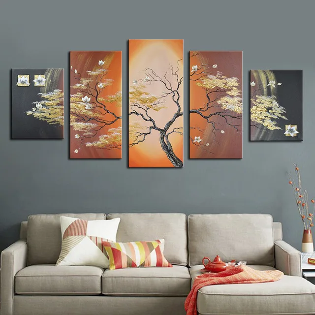 

Modern 100% Hand Painted Flower Oil Paintings Wall Pictures for Living Room On Canvas Home Decoration 5 Panel Gold Tree Picture