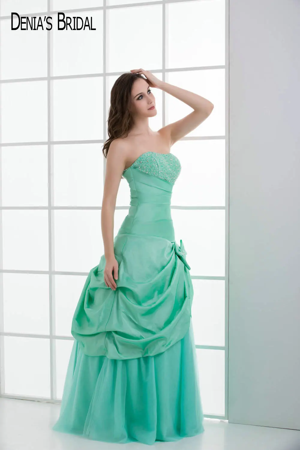 2017 вечернее платье цвета зеленой мяты с милым вырезом длиной до пола бусинами без