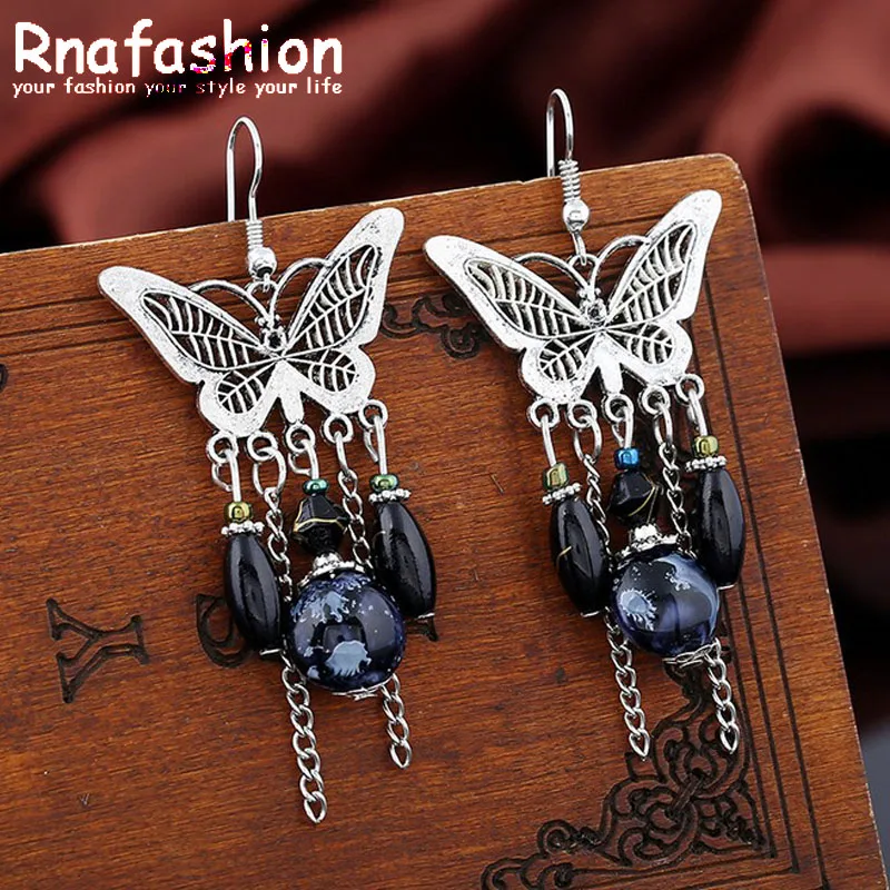 RNAFASHION богемные серьги в форме бабочки женские ювелирные изделия Длинные камень