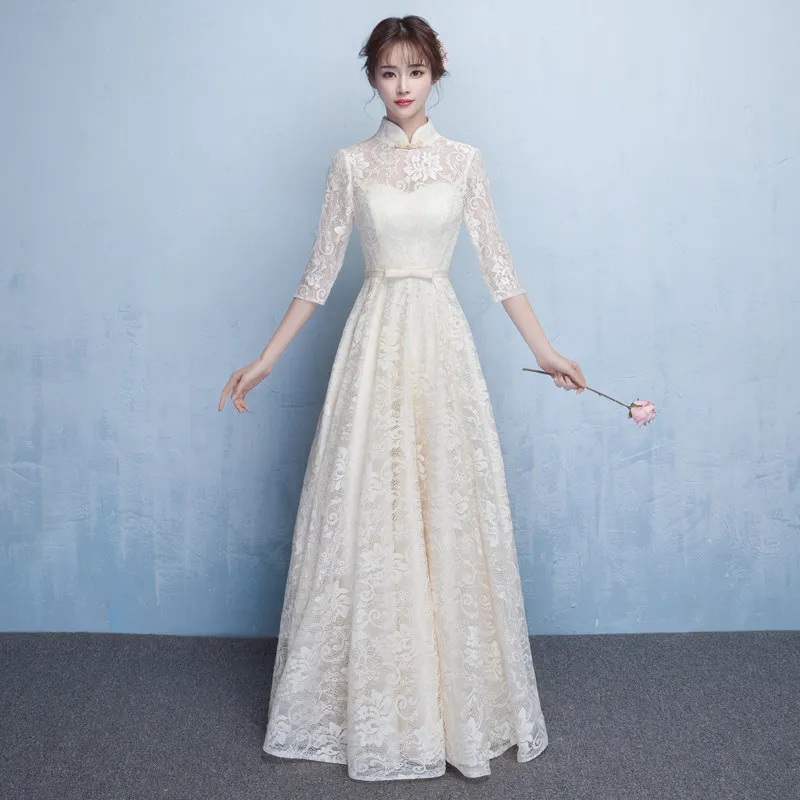 champagne long Шампанское невесты кружево платье Qipao женские вечерние платья Винтаж Cheongsam для женщин короткие современные - Цвет: champagne long