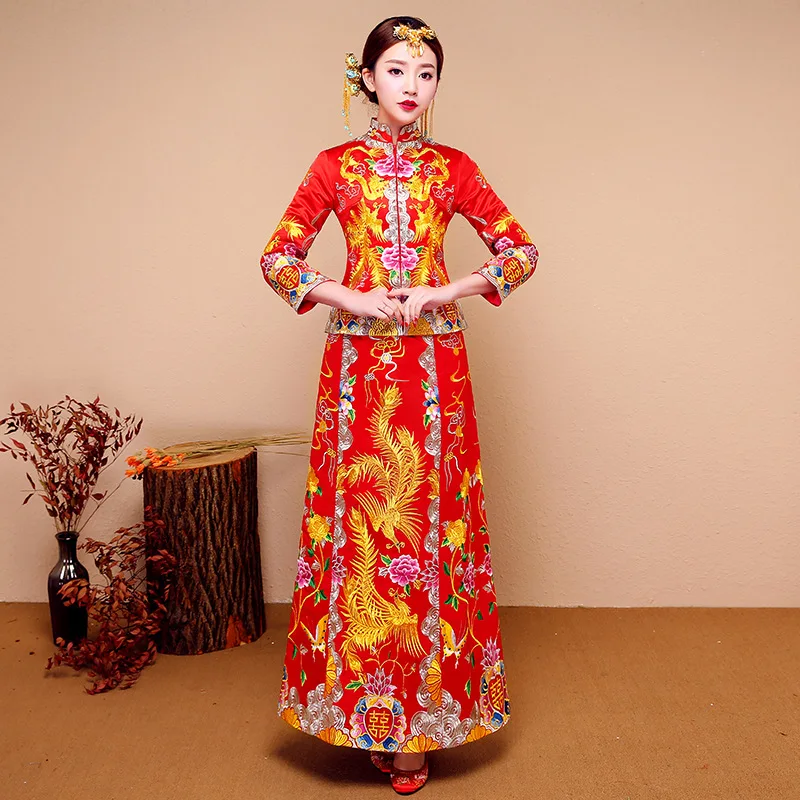 

Женское платье с вышивкой, красное китайское свадебное платье, традиционное платье Чонсам в восточном стиле с драконом Фениксом, QiPao