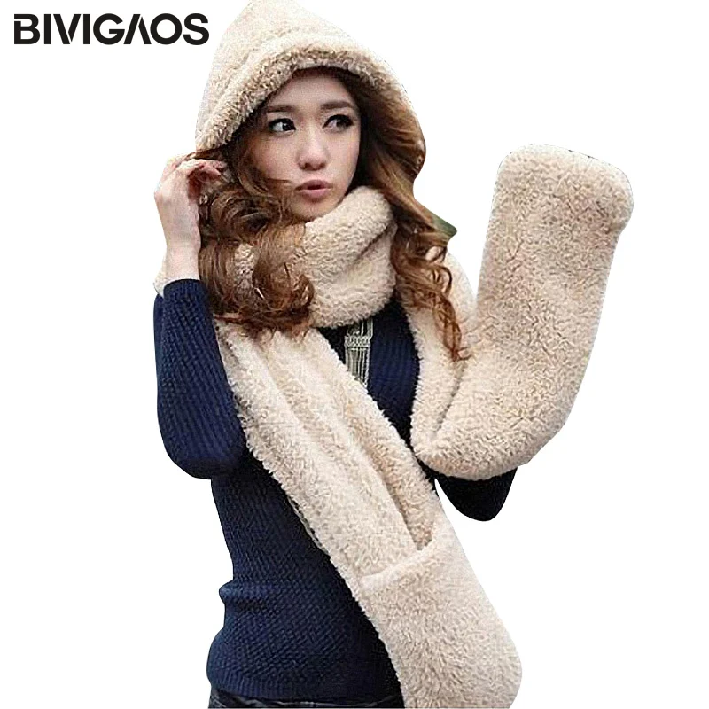 Осень Зима Новая мода Женская плюшевая шапка шарф перчатки цельная уплотненная