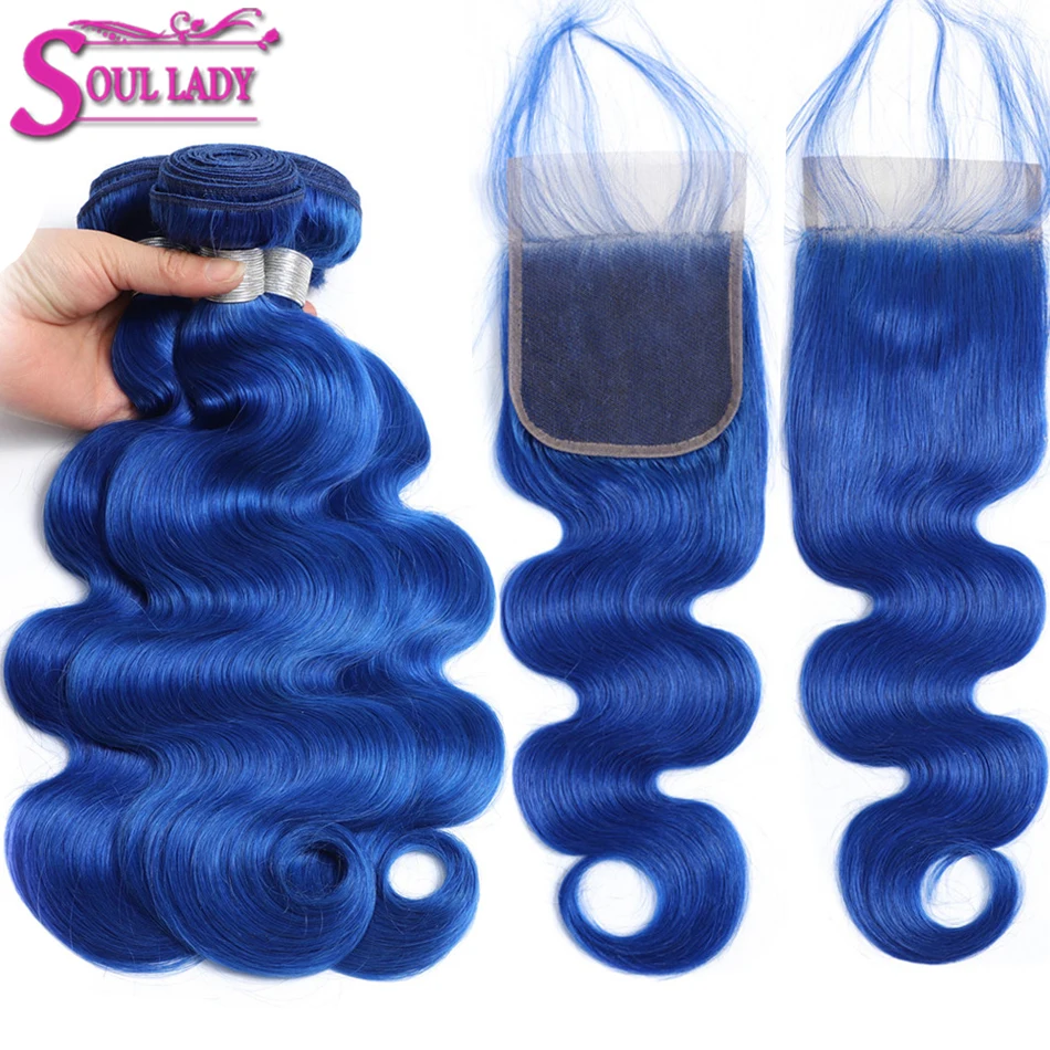 

Soul Lady Blue Bundles With Closure Pre plucked With Baby Hair Remy Brazilian Body Wave Ombre Human Hair 3 Bundles With Closure