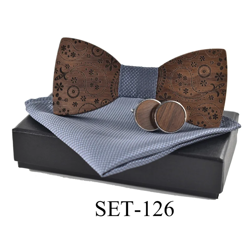 SET-126 Новинка, деревянный галстук, запонки, косынка, модный деревянный галстук-бабочка, Свадебный, с принтом, ручная работа, корбата, деревянные Галстуки, набор Gravata - Цвет: SET-126