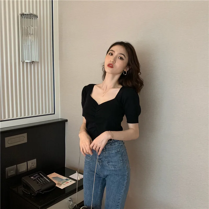 Винтажная Трикотажная футболка с v-образным вырезом и пышными рукавами Женская