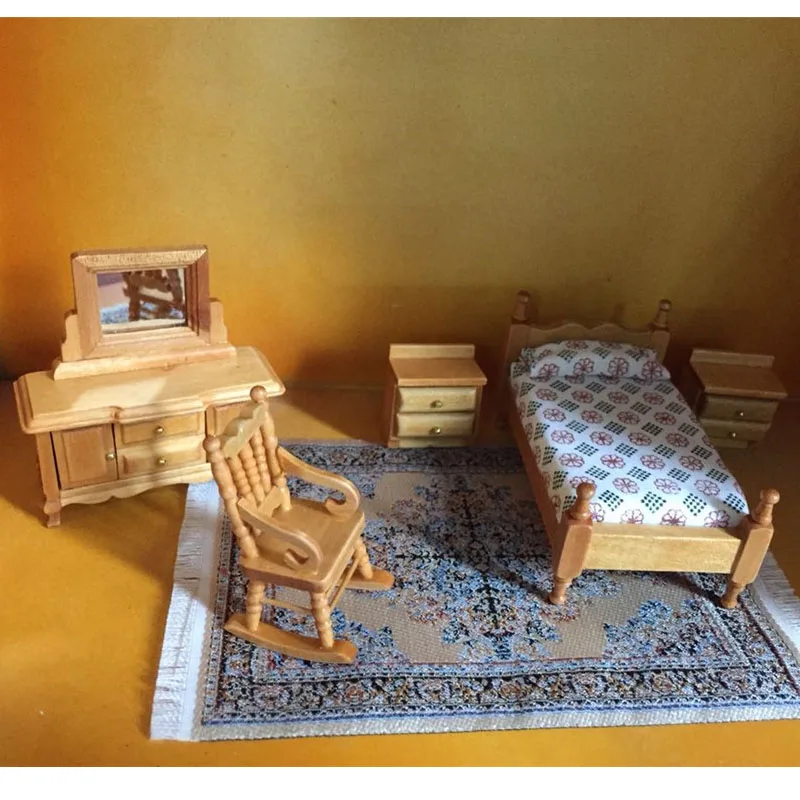 

1:24 Dollhouse Furniture toy wooden Miniature bed chair Dressing table bedroom sets pretend play toys for children girls dolls
