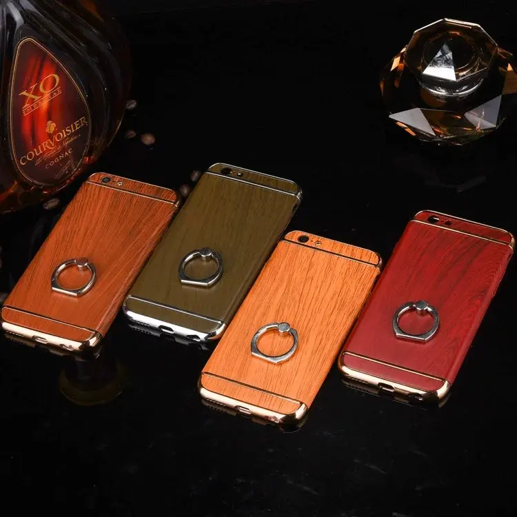 New Luxury Smooth Plating Wood Vein Style Back Cellphone Shell Stand Case Cover with Finger Ring Holder for iPhone 6 6S Plus |