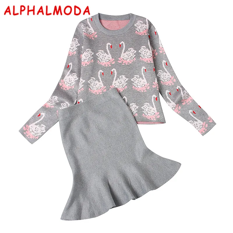 Женский вязаный костюм ALPHALMODA свитер и юбка с узором комплект из 2 предметов