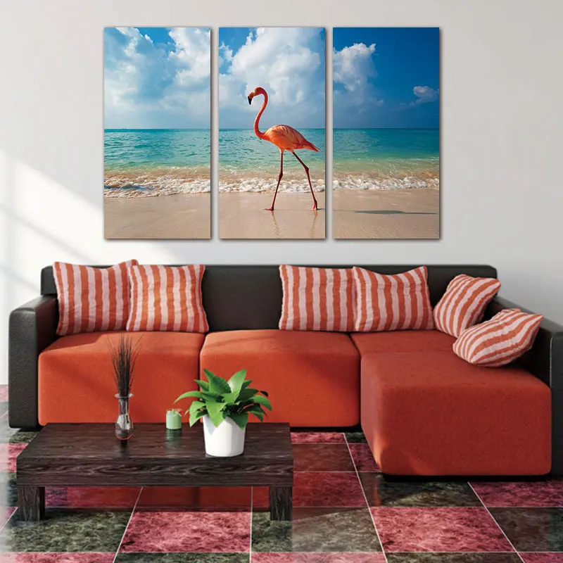 

3 Panel Wall Art Painting Flamingo Walking In Beach Pictures Prints On Canvas Animal The Picture Decor Oil For Home Print