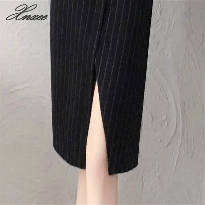 

Women Office Lady Black Patchwork Lace 2020 Striped Long Lace Sleeve Knee-Length Dress Sexy V-Neck Women Work Dress
