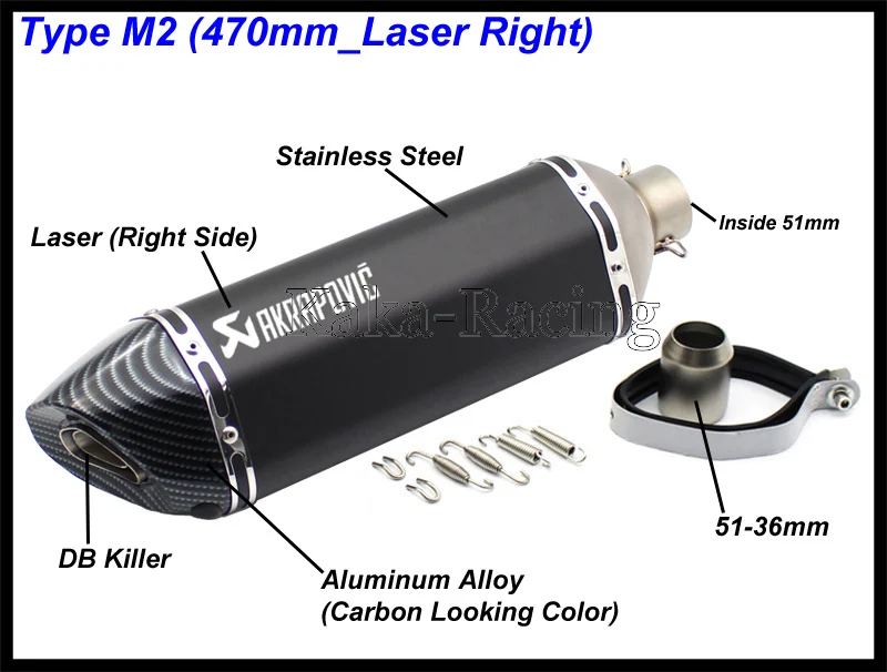 Полностью черный 570 мм/470 мм длина Akrapovic moto rcycle выхлопная труба мото rbike выхлопной глушитель мото левая сторона и правая сторона - Цвет: Type M2 right laser