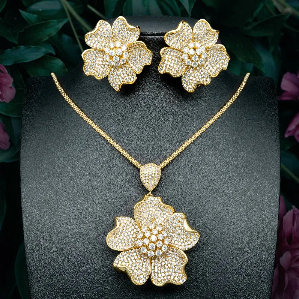 

ModemAngel Flower Floral Fashion Luxury Super AAA Cubic Zirconia Women Engagement Pendant Necklace And Earring Jewelry Set