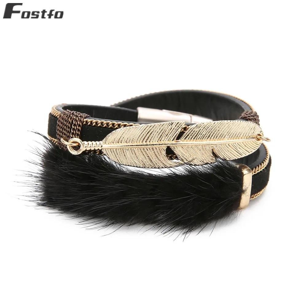 Fostfo 39cm Metal Feather Leather Lady Bracelets Magnetic Buckle Bracelet for Women Bangles Fashion Jewelry | Украшения и