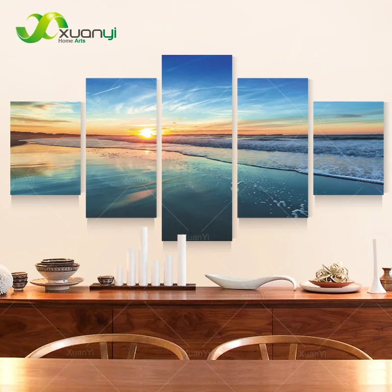 

5 Piece Canvas Art Blue Sunset Seascape Paintings Modular Picture Wall Art Seascape Oil Painting For Living Room Unframed PF1206
