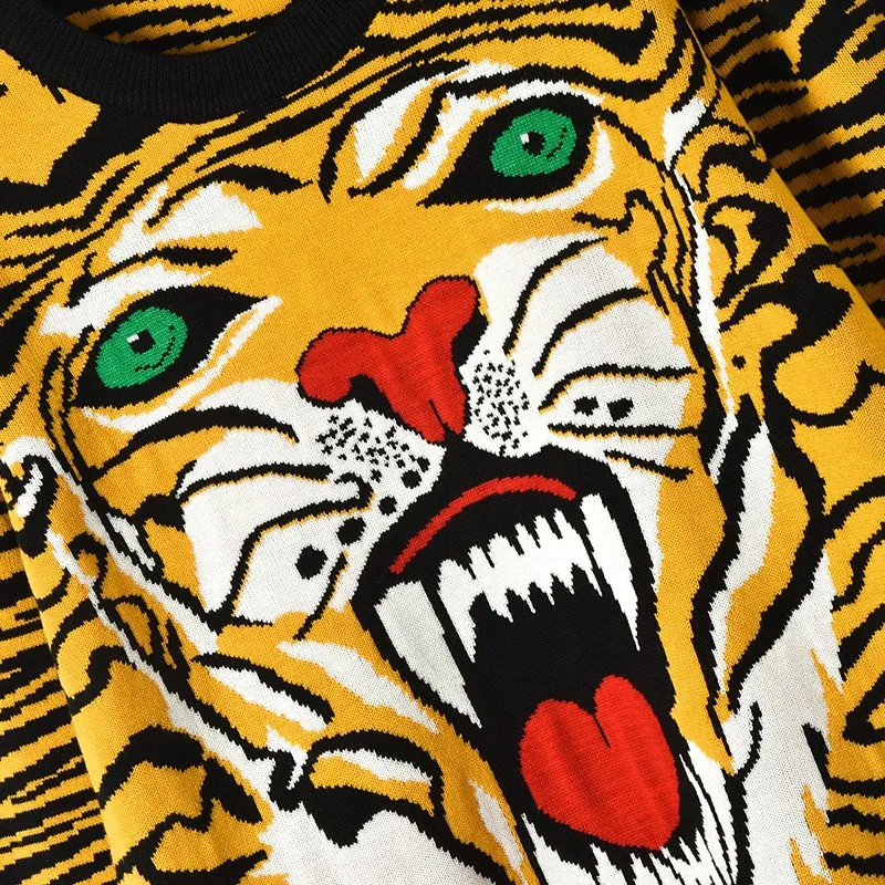 Fashion Tiger Head Pattern Women Sweater 2018 Winter Yellow Black Hit Color Leopard Jacquard Knit Cool Pullovers | Женская одежда