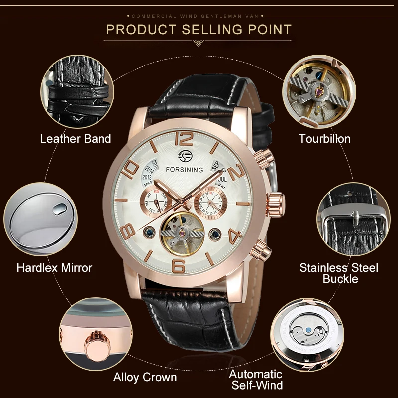 Автоматические деловые часы модные механические для мужчин с черным ремешком из