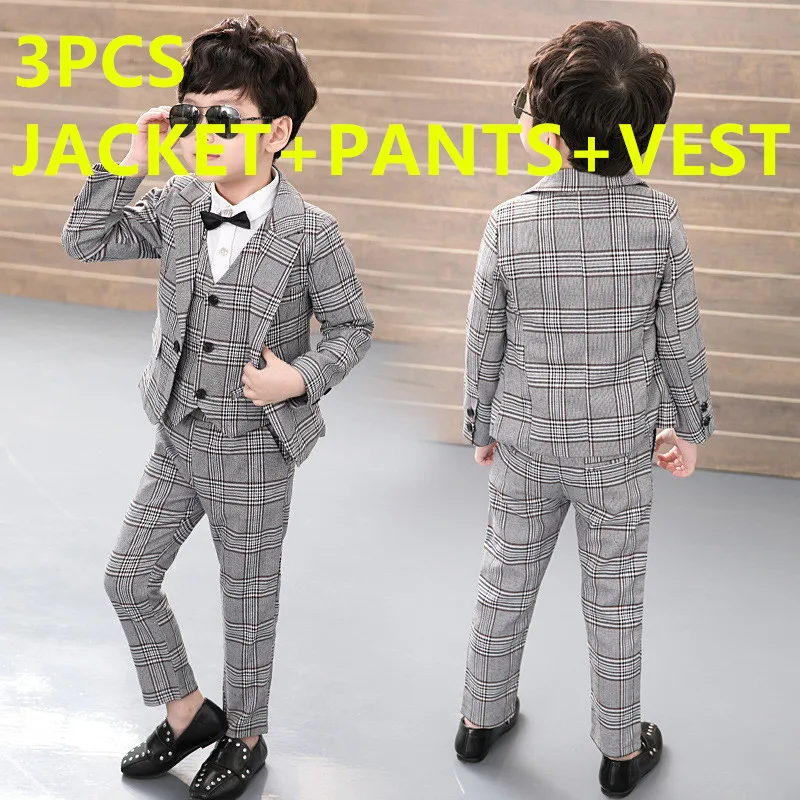 gray 3 pcs Детский костюм, костюмы для маленьких мальчиков, детский блейзер для мальчиков, деловой костюм для мальчиков на свадьбу, комплект одежды для мальчиков, пиджак+ жилет+ штаны, От 4 до 12 лет из 3 предметов - Цвет: gray 3 pcs