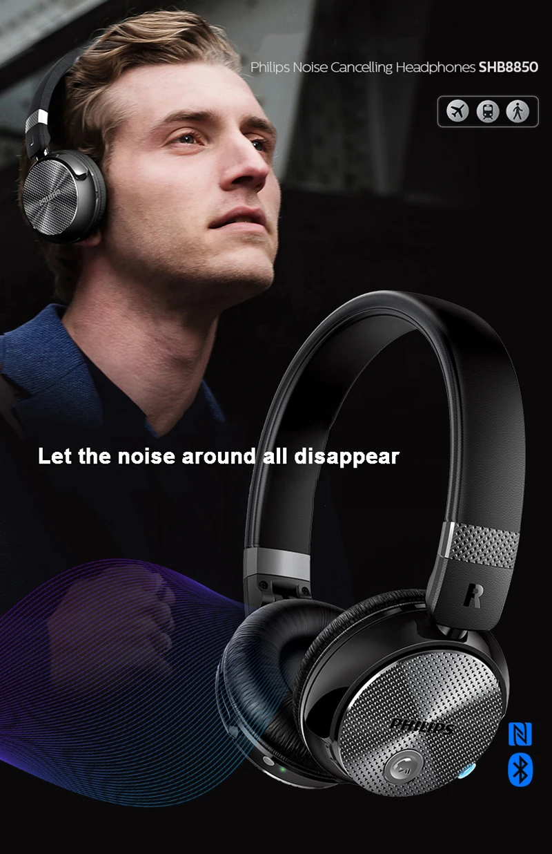Оригинальные Беспроводные Наушники Philips SHB8850 с активным шумоподавлением, Bluetooth, NFC, гарнитура с микрофоном, официальная проверка