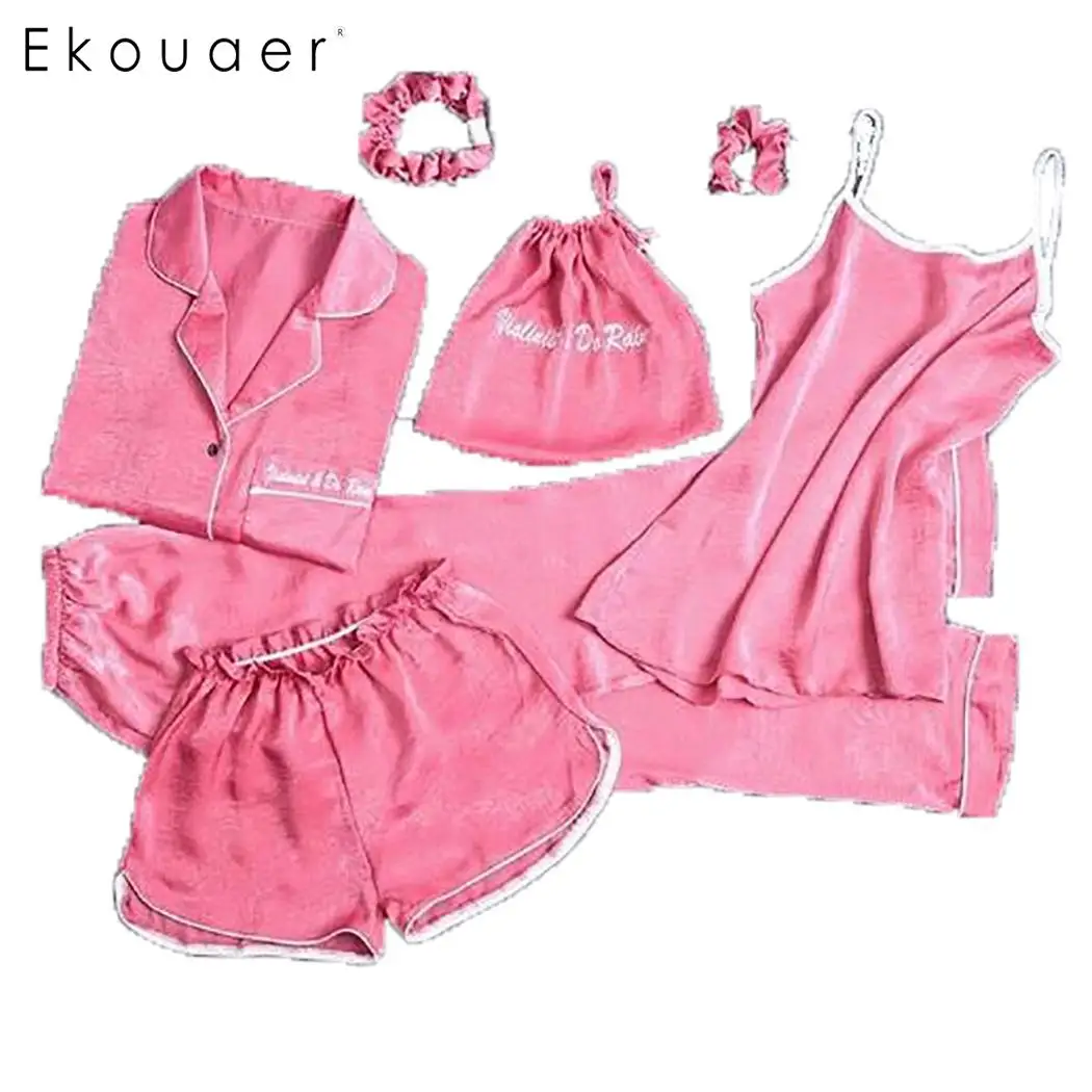 rose pink Ekouaer, женские пижамные комплекты из 7 предметов, однотонные мягкие атласные пижамные костюмы, свободные пижамы, комплект одежды для сна, милая весенняя, осенняя, летняя одежда для сна - Цвет: rose pink