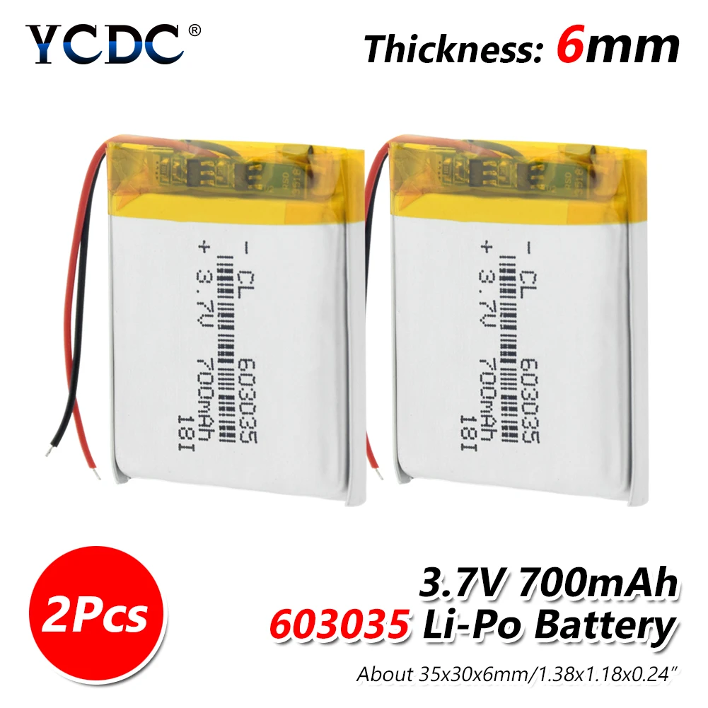 Перезаряжаемый полимерный аккумулятор 700 mah 3,7 V 603035 умный дом литий-ионный аккумулятор для dvr gps mp3 mp4 psp Bluetooth гарнитура умные часы - Цвет: 2Pcs