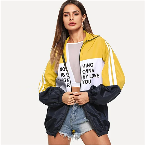 Многоцветный Dotfashion, много цветов, спортивная куртка на молнии, цветная, с буквенным принтом,, осенняя одежда, верхняя одежда, Женские повседневные топы и куртки - Цвет: Многоцветный