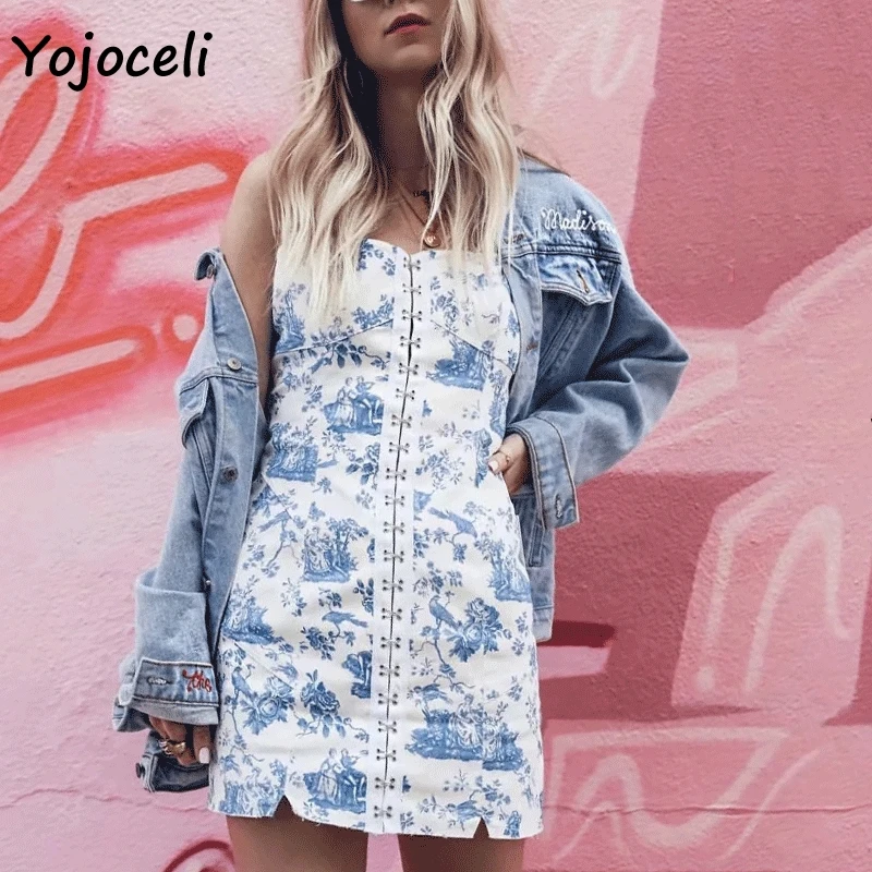 Платье Yojoceli женское клубный синий мини-платье с цветочным принтом и пряжкой |