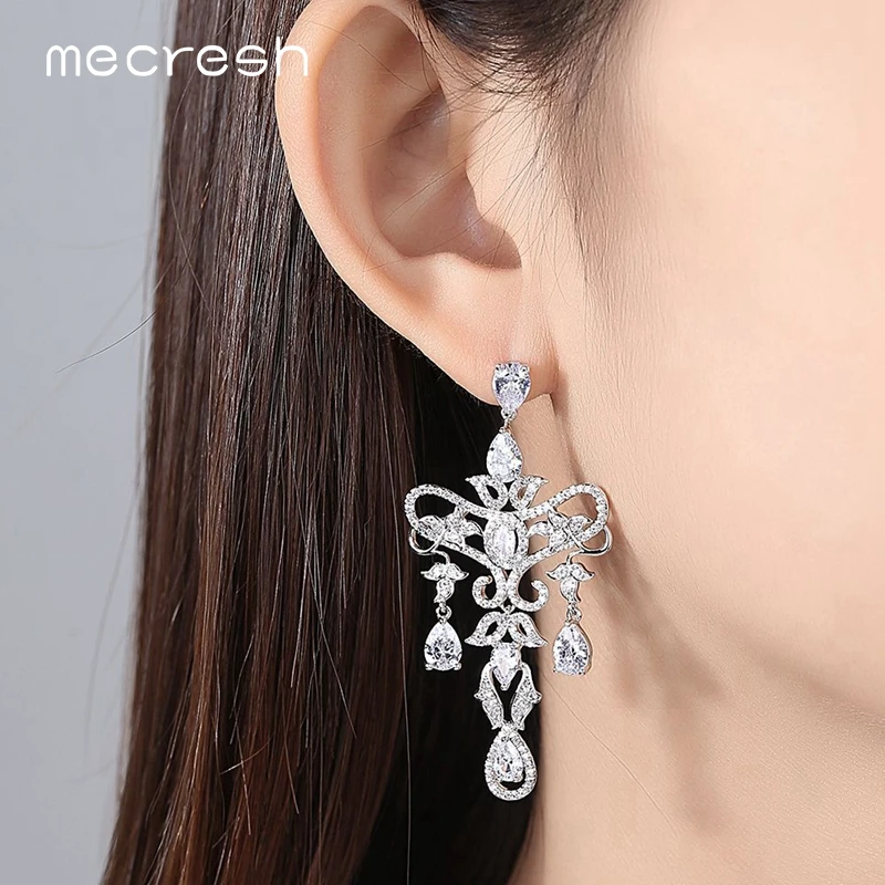 Mecresh Korea Style White Gold Color Large Statement Earrings for Women CZ Chandelier Wedding Dangle Drop Female EH1076 | Украшения и