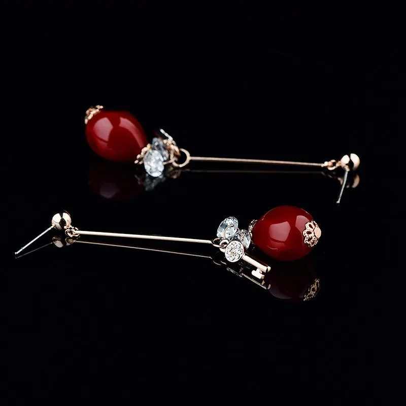 HOT Red Drop Earrings Rose Gold Color Cubic Zirconia Crystal Bride Wedding Jewelry Natural Artificial Coral Women Earring | Украшения и