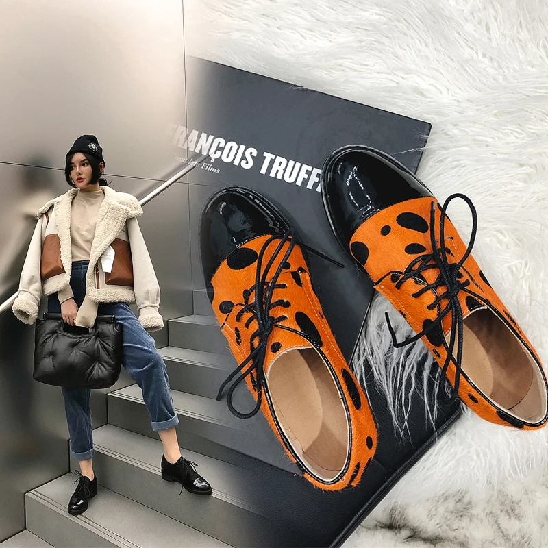 INS hot women shoes Genuine Leather Plus size 22-26.5 cm length pumps women shoes Cowhide horse hair stitching ladies Loafers