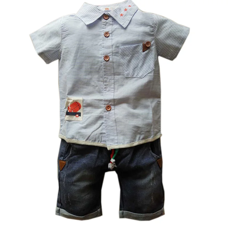 Baby Denim Suit 2018 New Arrival Summer Boys Clothing Set Brand Stripe Shirt With Short Jeans 2pcs Children Clothes | Детская одежда и