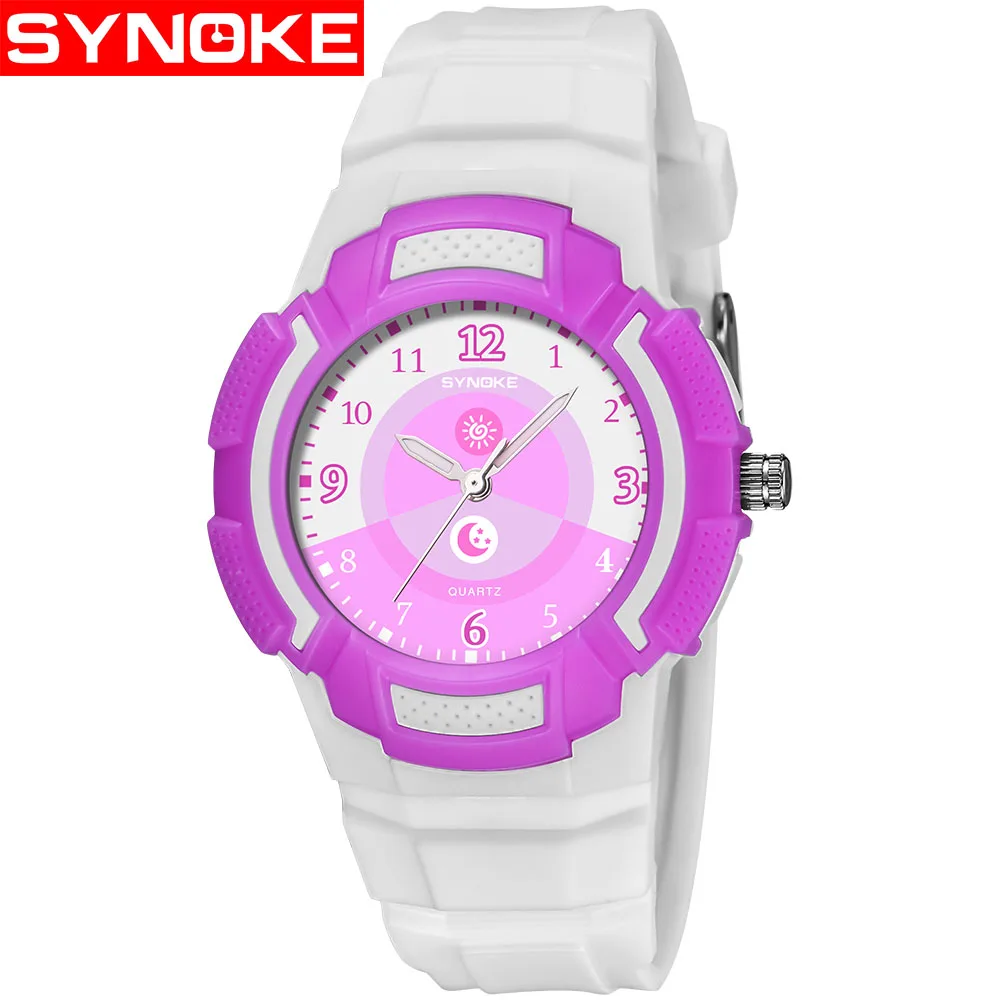 White Purple SYNOKE Модные Повседневные детские часы 50 м водонепроницаемые кварцевые наручные часы детские часы для мальчиков часы для девочек для студентов розовые синие часы - Цвет: White Purple