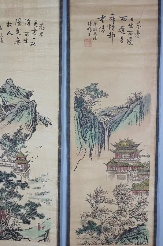 Китайские каллиграфические рисунки, свитки, китайская живопись, винтажная традиционная китайская живопись, длинный свиток, четыре экрана