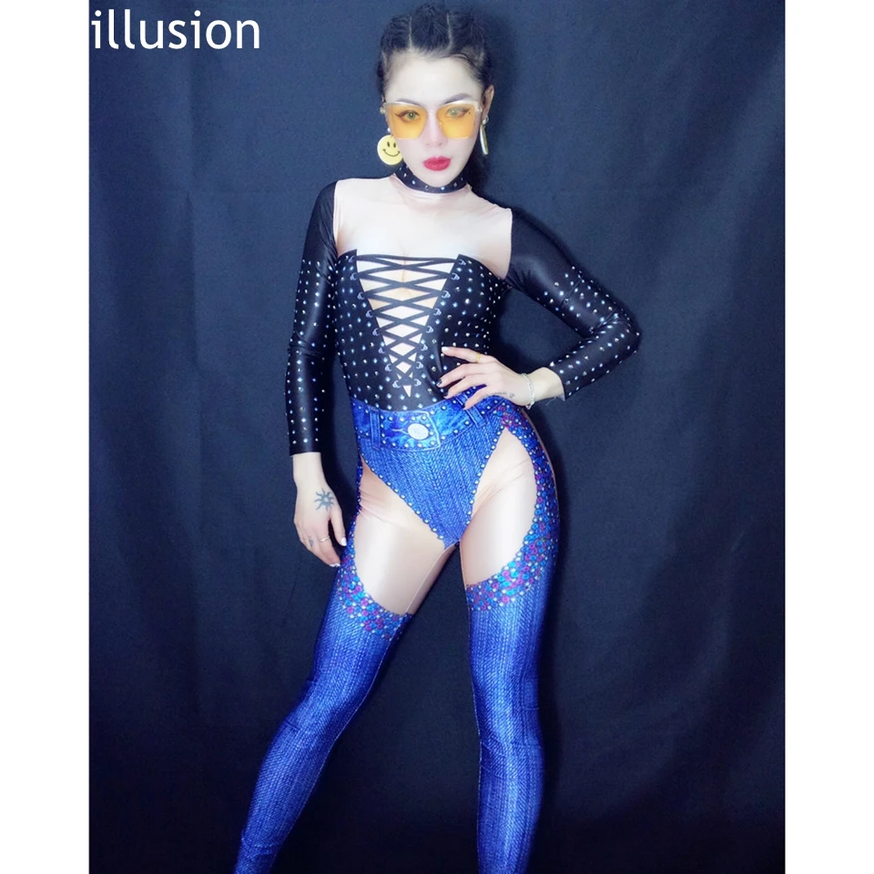 Black Bandage Pattern Jeans Jumpsuit Long Sleeve Stones Sexy Wear Female Singer Costume Birthday Prom Party Women Dance Clothing |