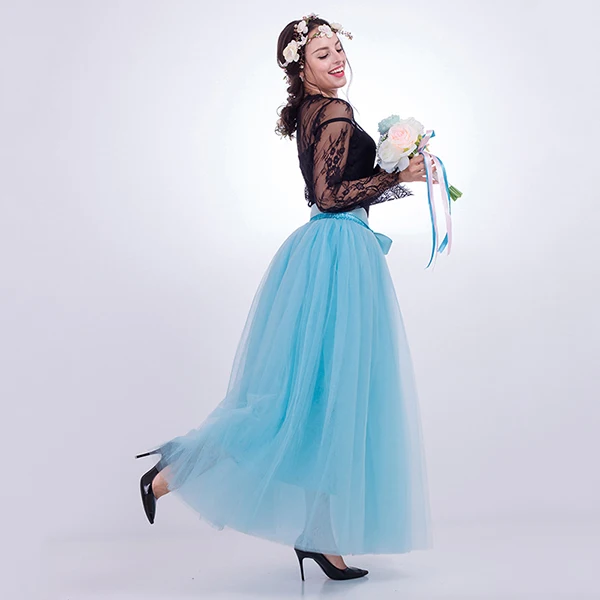 sky blue Модные 7 слойные 100 см тюлевые Свадебные Юбки Женские Длинные Пышные вечерние юбки для взрослых Лолита Свадебные Faldas Saias Femininas - Цвет: sky blue