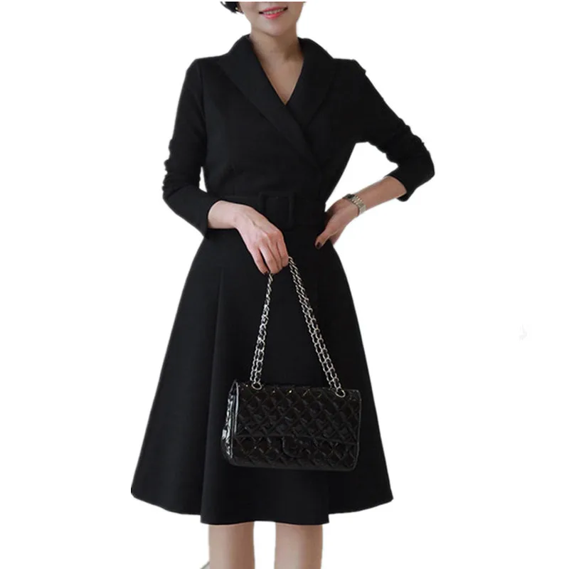 

JSXDHK Business Big Swing Dress New 2022 Spring Women Formal Black Notched Work Dress Fashion Long Sleeve Sashes OL Vestidos