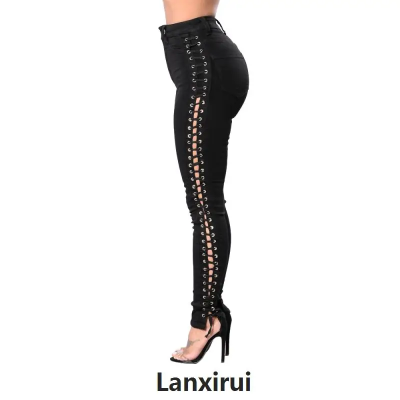 

Autumn Women Side Lace Up Pencil Tight Pant Sexy Cross Bandage Trousers Skinny Jeans High Quality Pocket Pants