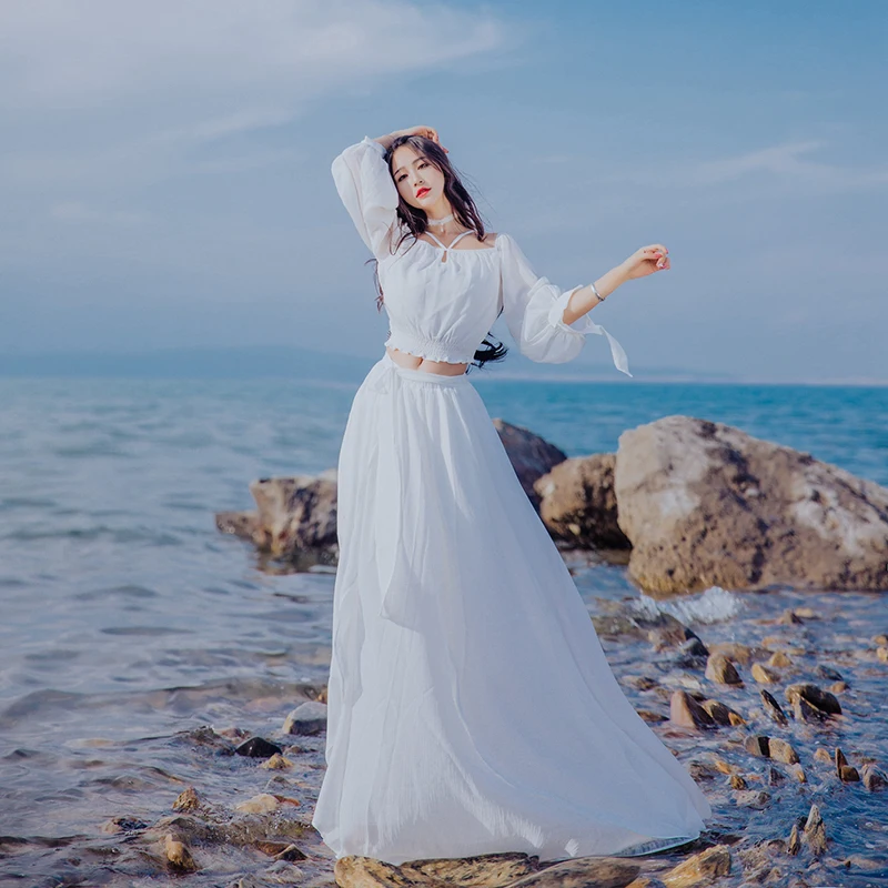 Khale Yose летний укороченный топ из 2 частей Макси платье с длинным рукавом Boho Хиппи