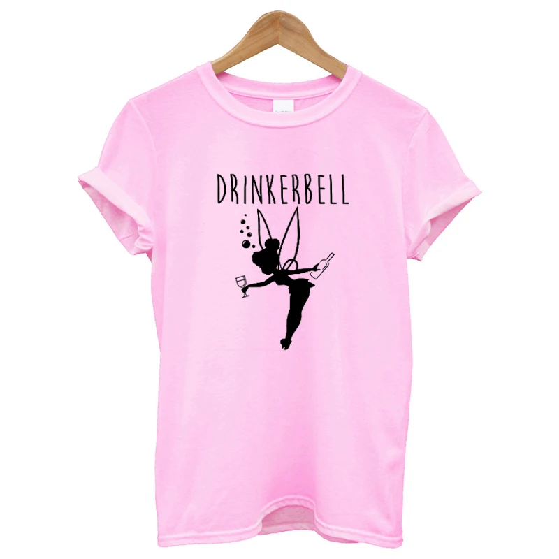 Drinker Bell, женская футболка, хлопок, короткий рукав, Круглый ворот, летние топы, уличная мода, винная футболка, Женская забавная футболка, розовая